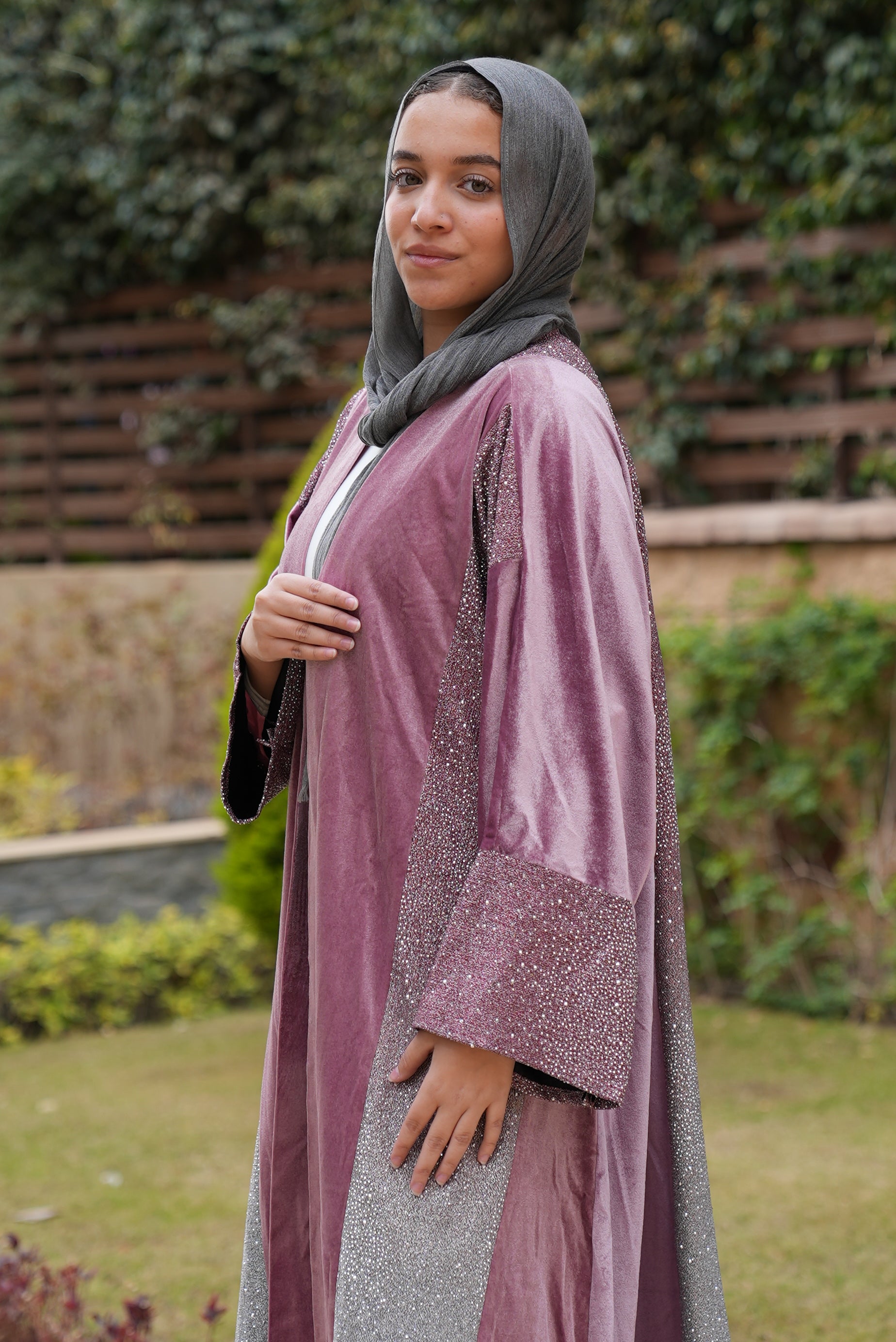 A dusty-rose velvet kaftan