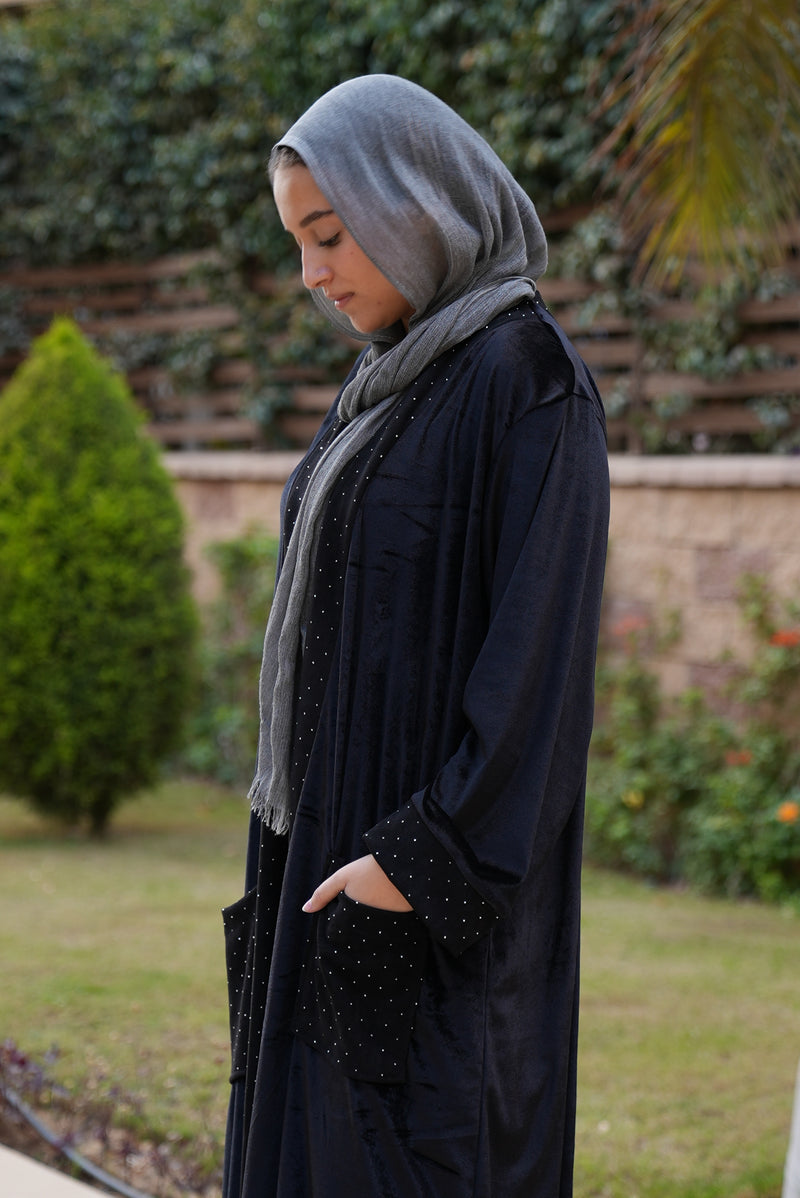 Black Velvet & Suede Kaftan with Strass