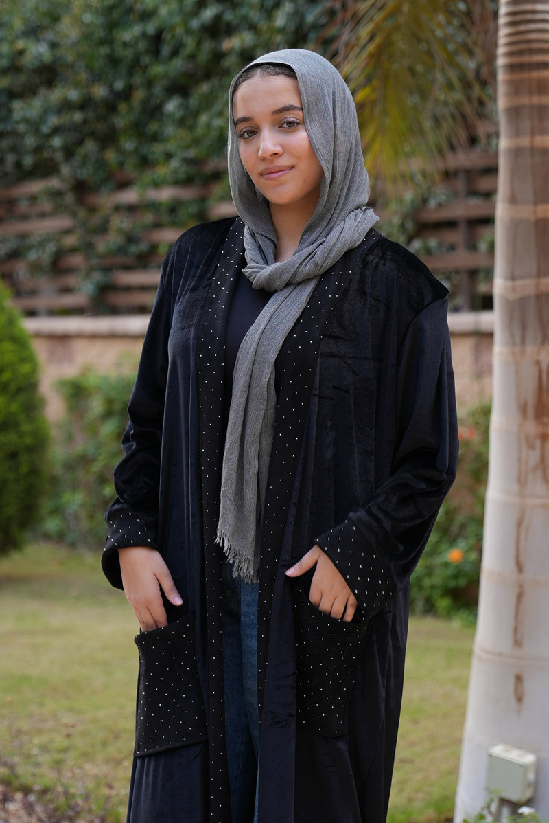 Black Velvet & Suede Kaftan with Strass