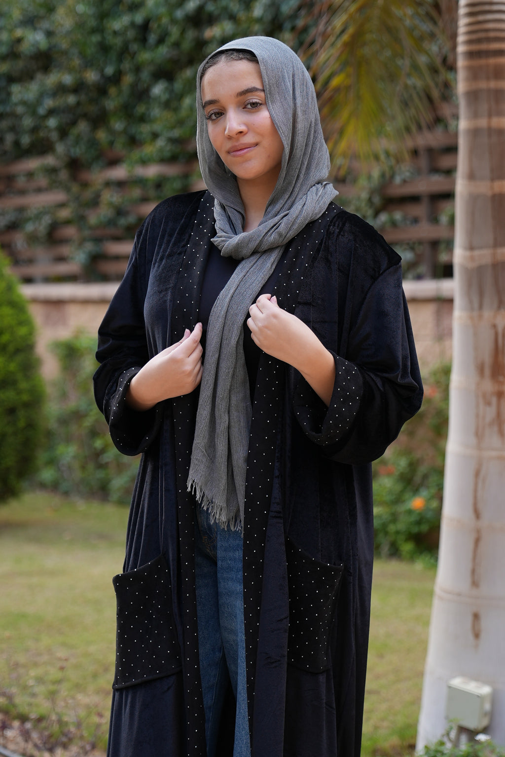 Black Velvet & Suede Kaftan with Strass