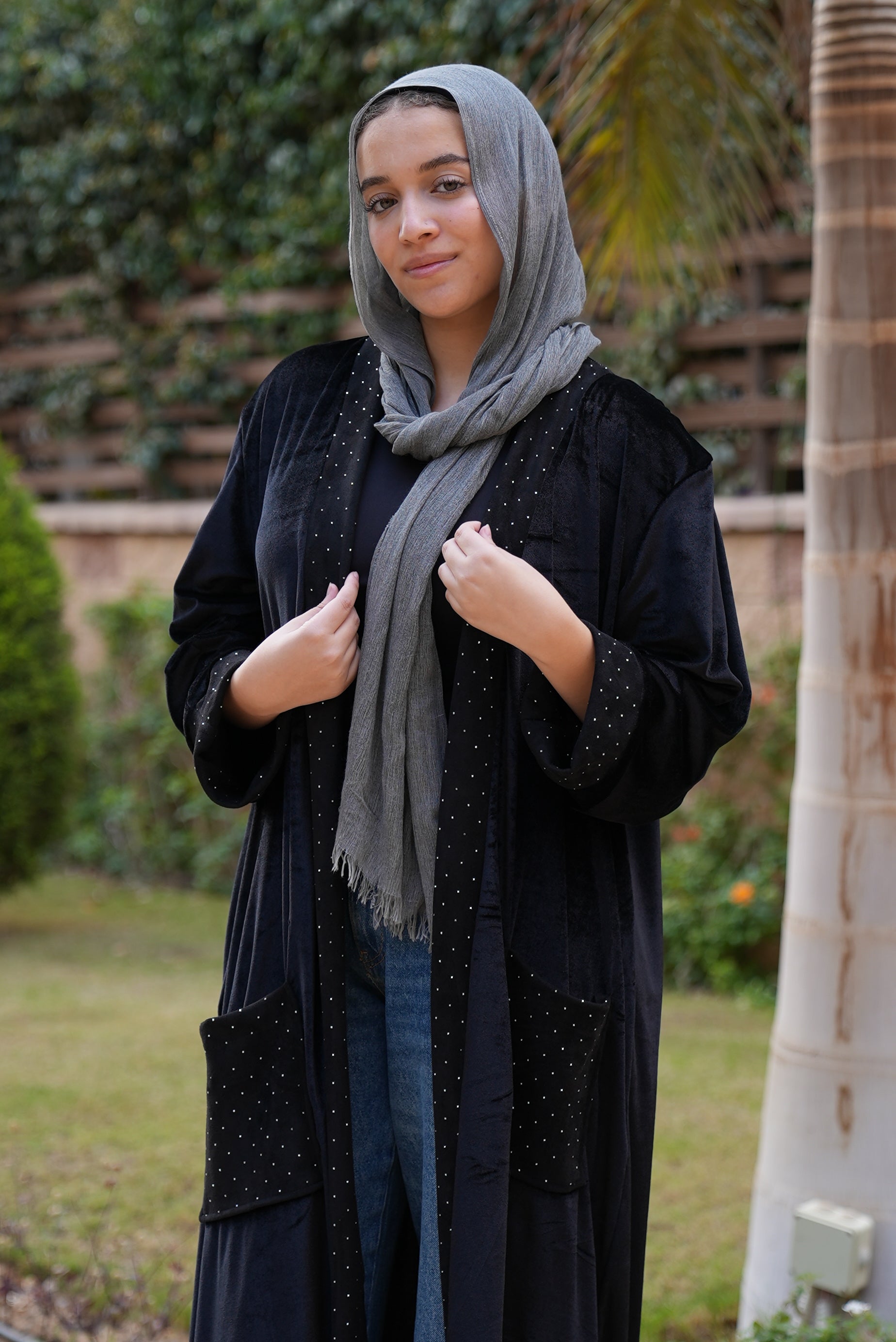 Black Velvet & Suede Kaftan with Strass
